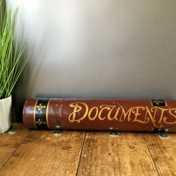 LARGE DECORATIVE VINTAGE 70S FLEUR DE LYS DOCUMENTS SCROLL TUBE STORAGE CYLINDER