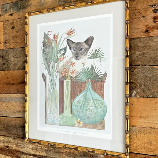 VINTAGE SIGNED LIMITED EDITION SIAMESE CAT PRINT BOTANICAL ART FAUX BAMBOO FRAME