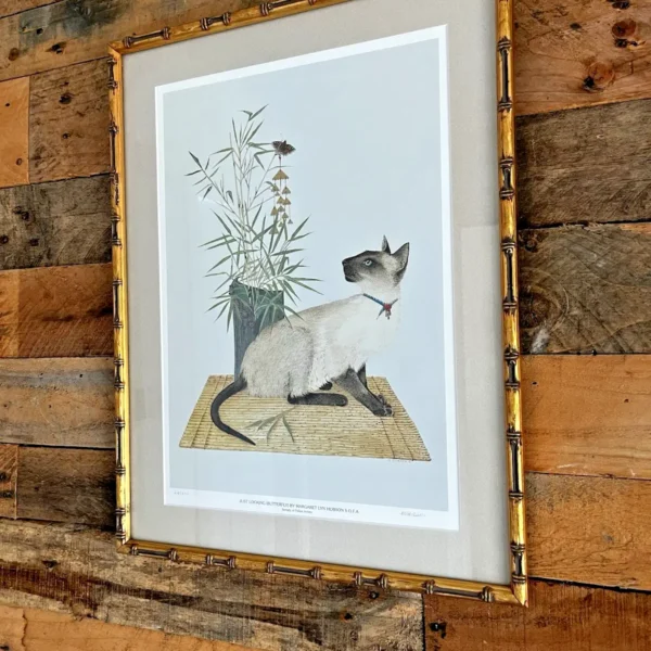 VINTAGE SIGNED LIMITED EDITION BOTANICAL ART SIAMESE CAT PRINT FAUX BAMBOO FRAME