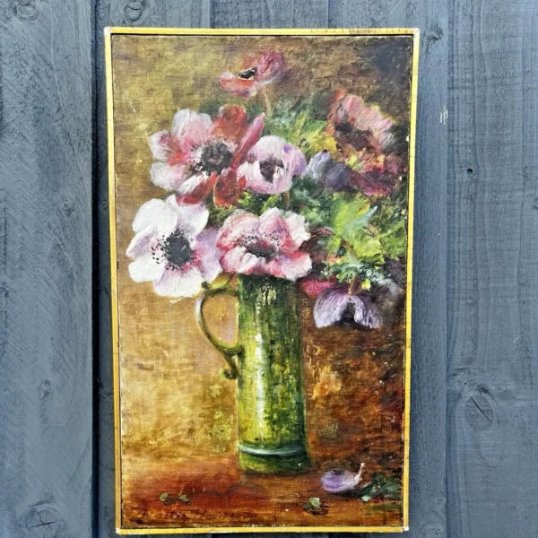 VINTAGE ORIGINAL GILT FRAMED OIL ON CANVAS PAINTING FLORAL STILL LIFE ANEMONES