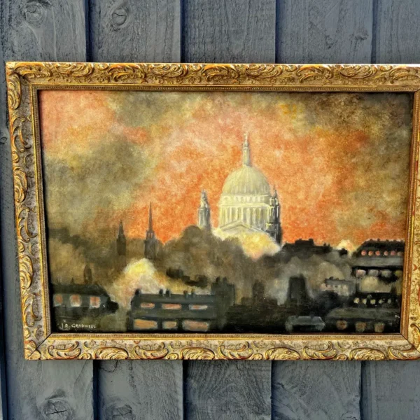 VINTAGE ORIGINAL OIL PAINTING ST PAULS CATHEDRAL LONDON CITYSCAPE WWII BLITZ