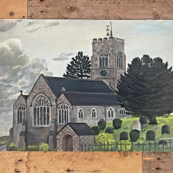 ORIGINAL NAIVE FOLK ART OIL PAINTING NORTH WALES PARISH CHURCH CHURCHYARD RUABON
