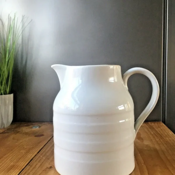 RARE ANTIQUE EDWARDIAN IRONSTONE WHITE BANDED WATER JUG PITCHER VINTAGE KITCHEN