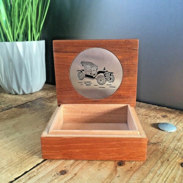 QUALITY DANISH TEAK OPEL 1909 CAR TRINKET CIGARETTE WATCH BOX MADE IN DENMARK