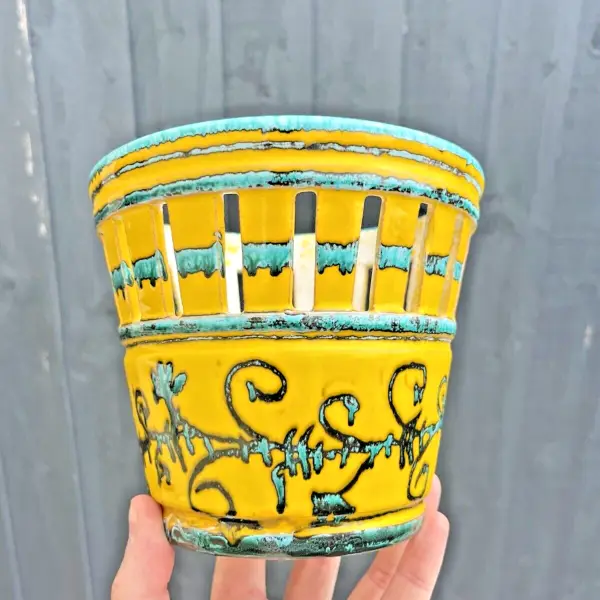 UNUSUAL PIERCED MID CENTURY 60'S ITALIAN POTTERY DRIPGLAZE PLANT POT SPACE AGE